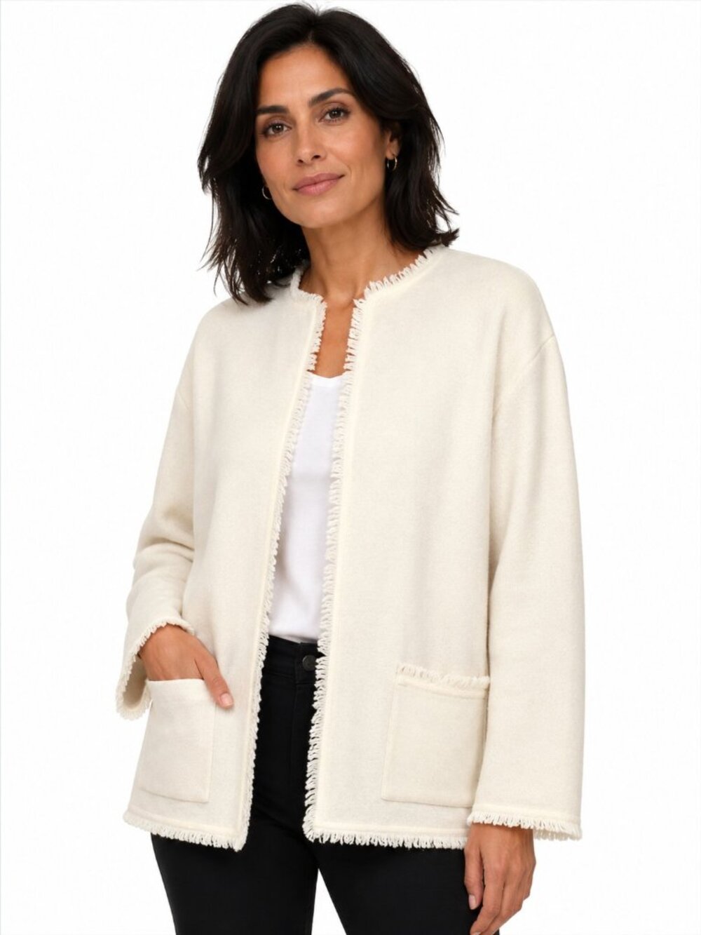 Nouveaux Cream Fringed Open Front Wool Jacket
